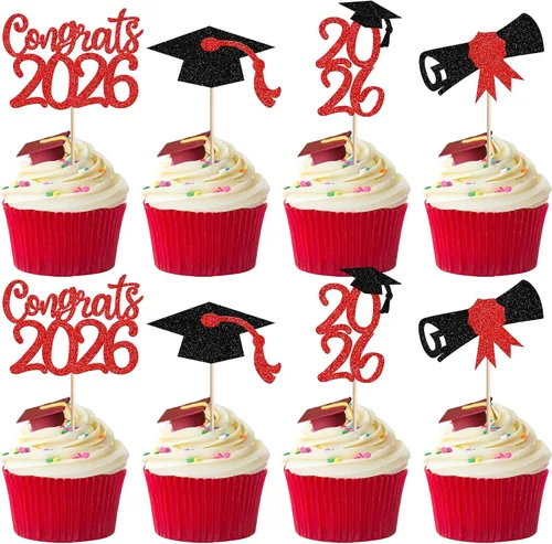 Vista 47 de 30 piezas de decoración para cupcakes de graduación para la clase de 2026 con purpurina brillante para el futuro diploma hecho 2026 Felicidades