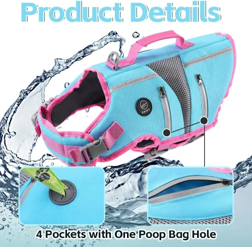 Vista 4 de EMUST Chaleco salvavidas para perros, chaleco salvavidas reflectante para nadar con 4 bolsillos, chaleco flotante para perros pequeños, medianos