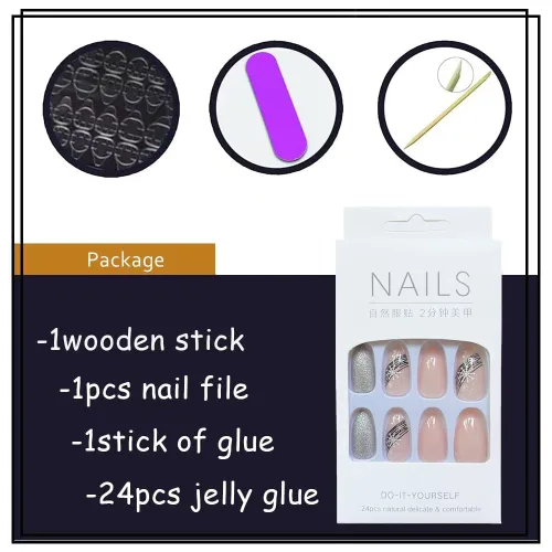 Vista 5 de Uñas postizas a presión con copos de nieve, uñas postizas brillantes de almendra, pegamento de Navidad nude para uñas a presión con copos de nieve