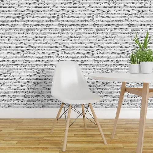 Vista 3 de Muestras de papel tapiz extraíbles, color blanco y negro, notas musicales, músico, piano musical, papel pintado prepegado Spoonflower