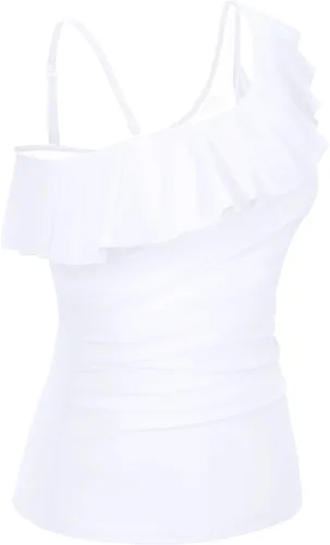 Vista 2 de Yonique Tankini de un hombro para mujer, con volantes, sin tirantes, sin parte inferior