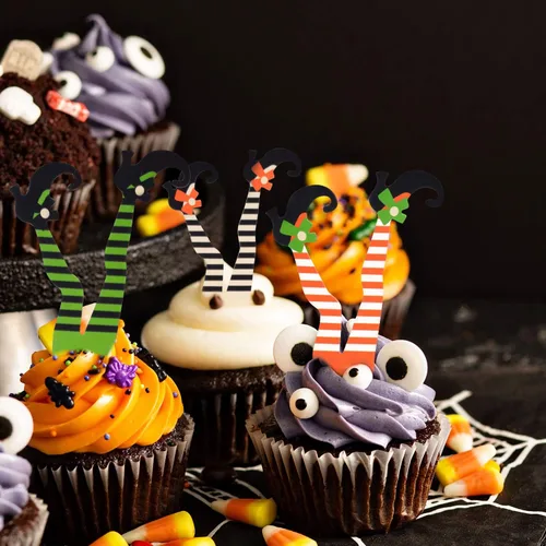 Vista 7 de Whaline Decoración para cupcakes de Halloween, para botas de bruja, decoración de cupcakes de papel para decoración de platos de cupcakes