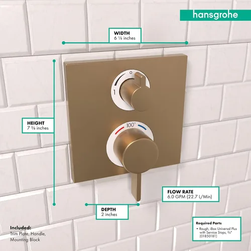 Vista 4 de hansgrohe Ecostat Square Embellecedor de Válvula de Ducha Termostática Moderna con Control de Temperatura y Desviador en Bronce Cepillado, 15714141