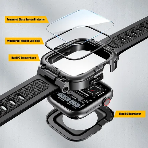 Vista 3 de Dsytom Funda impermeable con correa compatible para Apple Watch de 45mm 44mm 41mm 40mm para hombres, correa de reloj inteligente resistente