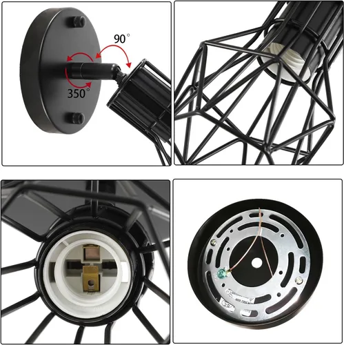 Vista 3 de Juego de 2 apliques de pared con cable negro para baño y pasillo Black metal wire cage wall sconces, E26 base, 90° adjustable hardwired for