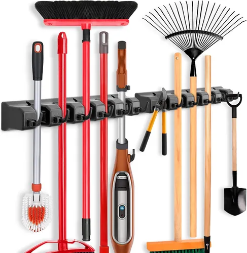 Vista 8 de IMILLET Soporte para trapeador y escoba, organizador de pared, estante de herramientas de almacenamiento para trapeador y escoba con 5 ranuras