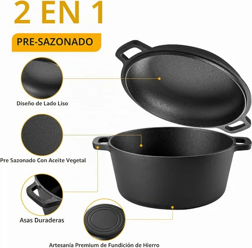 Vista 5 de Velaze Olla Holandesa de Hierro Fundido con Tapa de Sartén, Sartén de Hierro Fundido de Doble Mango 2 en 1 Presazonada para Hornear Pan, Freír