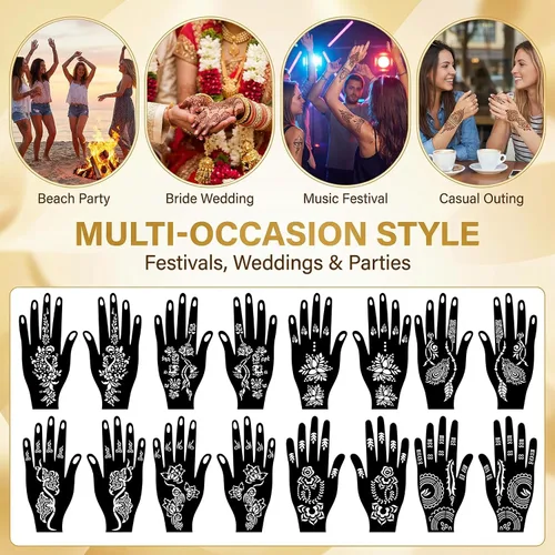 Vista 3 de Kotbs 32 hojas de plantillas de tatuaje de henna para manos, antebrazo, pintura facial, arte corporal, plantillas de tatuaje de flores con purpurina