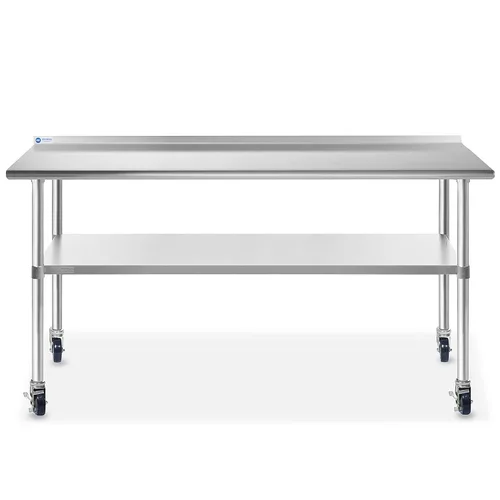 Vista 2 de Gridmann. Mesa de preparación y trabajo para cocina comercial, hecha en acero inoxidable con 4 ruedas con protectores contra salpicaduras. Varios