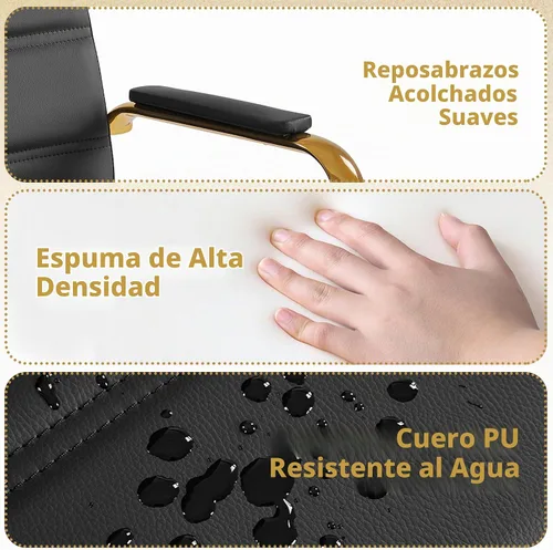 Vista 8 de Yaheetech Silla de Oficina de Respaldo Medio de Cuero PU Silla de Escritorio Ejecutiva Ajustable con Soporte Lumbar Patas Doradas Asiento Negro