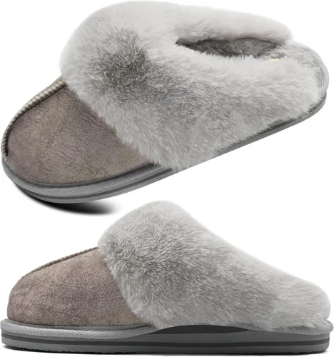 Vista 7 de KuaiLu Pantuflas mullidas de espuma viscoelástica doble para mujer, acogedoras con soporte de arco cálido, pantuflas de meter cómodas