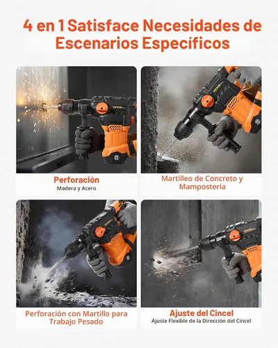 Vista 3 de VEVOR - Rotomartillo SDS-Plus de 1-1/4 pulgadas, taladro con cable de 13 amperios, martillos de astilla de servicio pesado con control de vibración