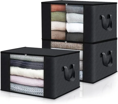 Vista 20 de Fab totes Paquete de 3 bolsas de almacenamiento plegables de tela gruesa, contenedores para organizar dormitorio, armario, ropa, edredón, Beige