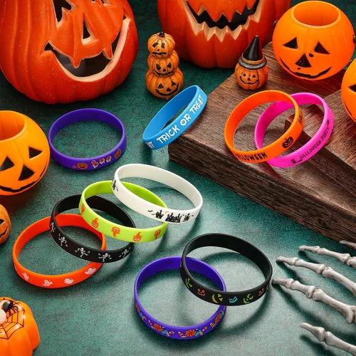 Vista 4 de Hiboom 100 Pcs Halloween Rubber Bracelets Bulk Halloween Party Favor Trick or Treat Goodie Bag Stuffer Filler Rubber Silicone Wristband Gift for
