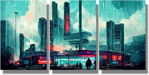 Vista 34 de Lienzo decorativo para pared, diseño de ciudad futurista Cyberpunk para sala de estar, impresión multipanel, obra de arte de cocina, pintura