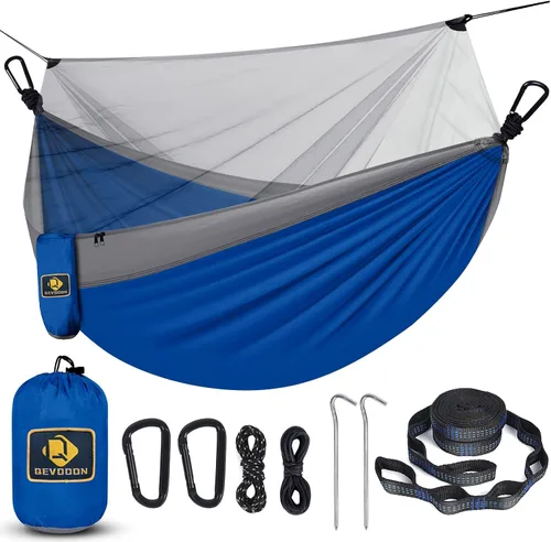 Vista 8 de Qevooon Hamaca de camping con red, hamacas ligeras portátiles de viaje con correas para árboles y mosquetones sólidos en forma de D, hamaca de Negro