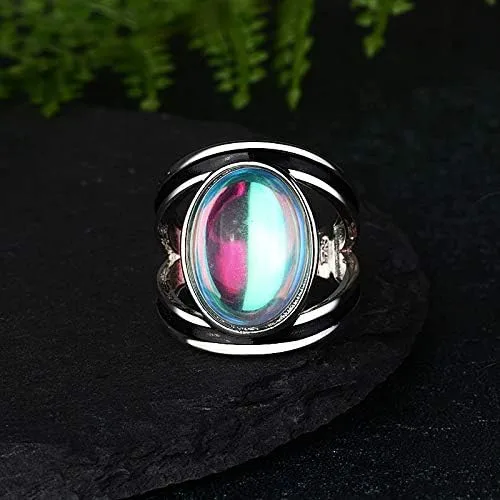 Vista 2 de SUKKCCNO Anillo solitario de plata de ley 925 con piedra lunar y luna para mujer, joyería bohemia con piedra lunar natural, estilo victoriano
