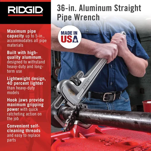 Vista 2 de RIDGID 31110 Modelo 836 Llave de tubería de plomería recta de aluminio de 36 pulgadas, plata, fabricada en los Estados Unidos