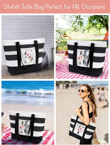 Vista 2 de PARBEE Bolso tote de lona con iniciales, diseño de rayas y flores, con cremallera superior, bolsas de playa grandes con monograma de regalo