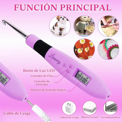 Vista 5 de Juego de Ganchos de Ganchillo con Cuenta Digital, Gancho de Ganchillo Ergonómico con Luz LED y 2 Niveles de Brillo Ajustable, Ganchos de Ganchillo