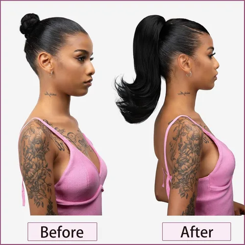 Vista 4 de Extensión de cabello corto negro con cordón para mujeres negras, cola de caballo recta de 14 pulgadas con rizos finales, postizos sintéticos
