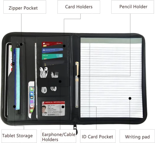 Vista 2 de Boczif Padfolio - Organizador de carpetas de cartera planificador de cuero para hombres y mujeres organizador de cuadernos de negocios con bolsillo