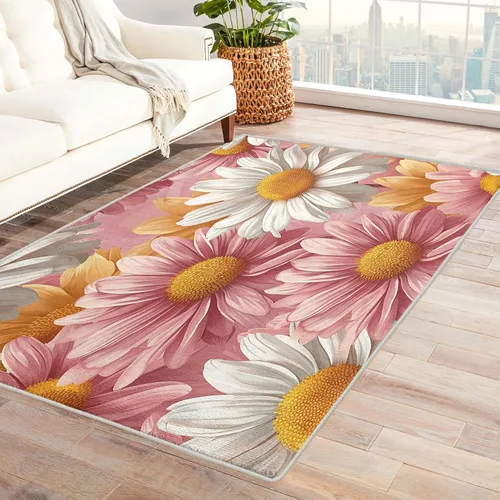 Vista 14 de Alfombra floral retro 70S, lavable, Groovy Funky de 8 x 10 pulgadas, alfombra grande de flores naranjas, dormitorio, sala de estar, decoración