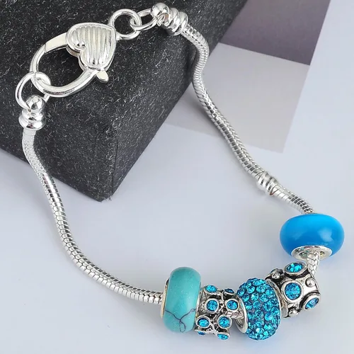 Vista 7 de rubyca 10pcs blanco bañado en plata corazón langosta Cadena de Serpiente Europea Pulsera de Perlas de Fit Encanto