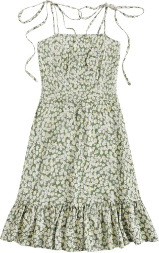 Vista 2 de SheIn - Vestido corto de verano con volantes para mujer estampado floral sin mangas con lazo en los hombros acampanado vestido de playa