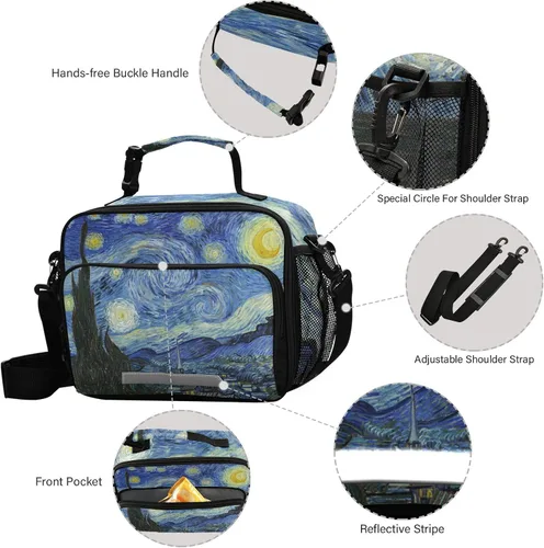 Vista 4 de Vangogh - Lonchera para niños con diseño de noche estrellada, organizador de doble aislamiento, impermeable y reutilizable, bolsa de comida