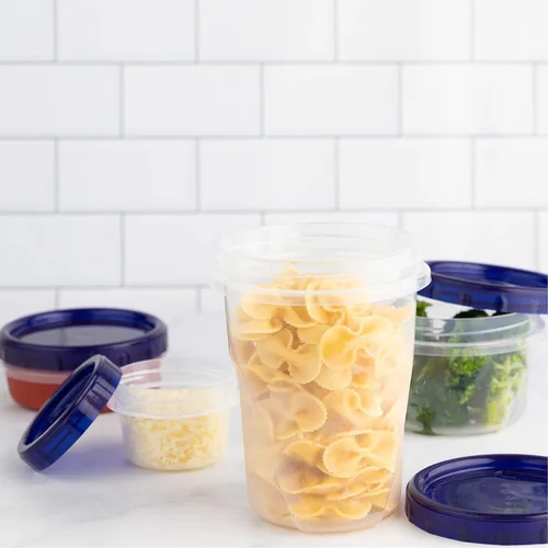 Vista 4 de PLASTICPRO [Paquete de 3 de 32 oz] Contenedores de Delicatessen con Tapa Giratoria Fondo Transparente con Tapas Giratorias Azules Reutilizables