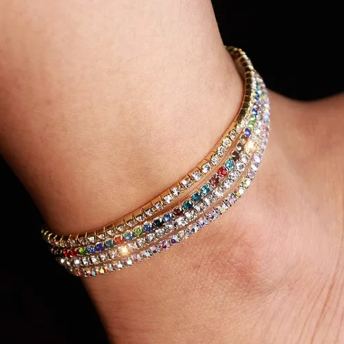 Vista 2 de Suyi Tobillera de cristal para mujer, 4 piezas, tobilleras elásticas de tenis, cadena elástica para el pie