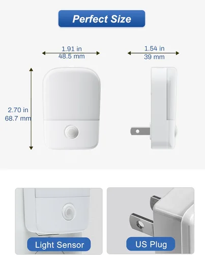 Vista 6 de Luces nocturnas ámbar enchufables a la pared, paquete de 2 luces LED de noche para dormitorio con sensor de atardecer a amanecer, brillo ajustable