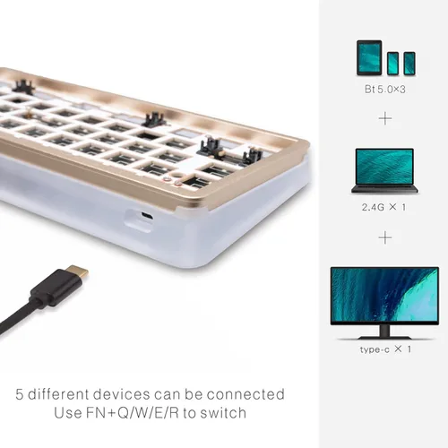Vista 2 de DRAOZA Kit de teclado mecánico para juegos con retroiluminación RGB de 61 teclas, triple modo programable Bluetooth 5.0USB-C con cableteclado