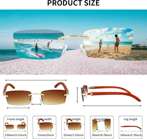 Vista 4 de Dollger Gafas de sol rectangulares sin montura para hombres y mujeres diseño de madera hip-hop pequeñas gafas de sol cuadradas sin marco de los años