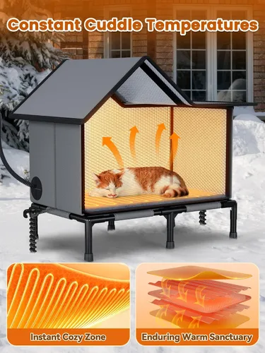 Vista 3 de Rywell - Casa para gatos con calefacción para exterior, súper aislada y resistente a la intemperie, refugio elevado para gatos al aire libre