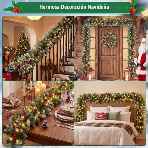 Vista 7 de Guirnalda de Navidad, Guirnalda de Navidad con Luces, Decoración de Navidad, 9 pies/2.7M, para Repisa de Chimenea, Hogar, Escaleras, Chimenea, Verde