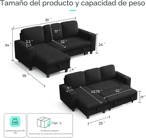 Vista 2 de LINSY HOME Sofá Cama Seccional Extraíble con Almacenamiento, Sofás Seccionales Modulares Extraíbles de Pana Suave para Sala de Estar, Sofá Cama