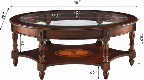 Vista 2 de Mesa de centro tradicional con parte superior de vidrio templado y estante de almacenamiento, marco de madera maciza para sala de estar, centro
