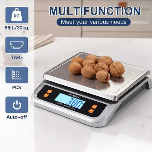 Vista 6 de Báscula de alimentos Atogou de 66 libras, báscula de cocina comercial enchufable Full View LCD Display, Stainless Steel, for Baking, Bread