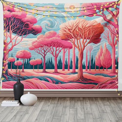 Vista 160 de Ambesonne Tapiz verde, fases lunares alrededor de un árbol de la vida, impresión de diseño bohemio de astrología nocturna, decoración de tela