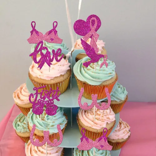 Vista 5 de Rsstarxi Paquete de 24 adornos para cupcakes con purpurina para concientización sobre el cáncer de mama, cinta rosa con purpurina para lucha contra