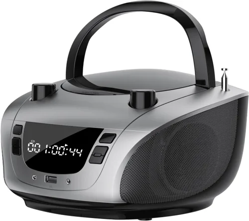 Vista 9 de LONPOO Reproductor de CD portátil Boombox con radio FM/USB/Bluetooth/entrada AUX y salida de jack de auriculares, altavoz de sonido estéreo y Negro