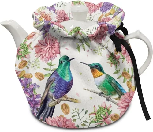Vista 23 de DISNIMO Funda de tetera aislada a prueba de polvo con diseño floral de colibrí, para mantener el calor, accesorios decorativos, colcha