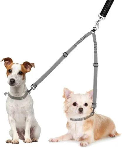Vista 9 de Correa doble para perros, sin enredos, rotación giratoria de 360°, reflectante, con extensión de bungee, divisor para dos perros, cómoda
