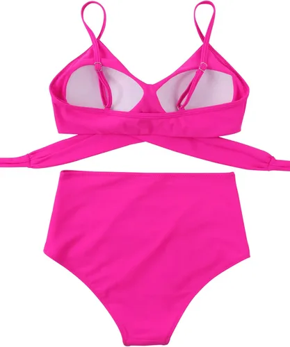 Vista 4 de OMKAGI - Bikini de cintura alta para mujer con realce dos piezas estilo de banda cruzada