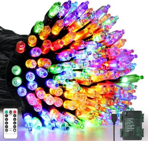 Vista 8 de 100 luces LED de color blanco cálido a multicolor de 33 pies, funciona con pilas, 8 modos, tira de luces para interiores y exteriores, para árbol