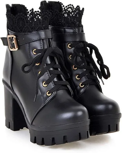 Vista 4 de Hbeylia Botas de combate de plataforma para mujer botas de cuero con encaje grueso botines de cuero gótico antideslizantes tacones altos botas