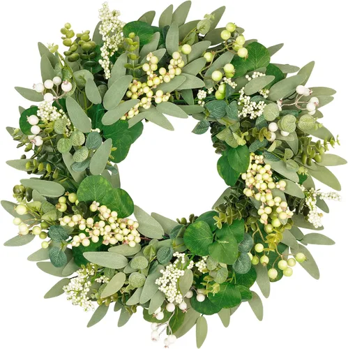 Vista 7 de Vlorart Coronas Artificiales de Primavera y Verano de Navidad de Vegetación Verde para Puerta Delantera Corona de Hojas de Eucalipto Verde