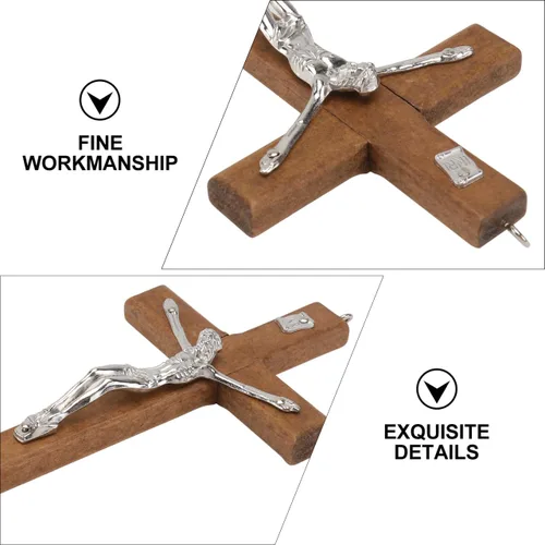 Vista 8 de BESTOYARD Arte de pared de madera, paquete de 3 – Medalla de 5 pulgadas con cruz de crucifijo pequeño y cruz católica colgante – Regalo religioso